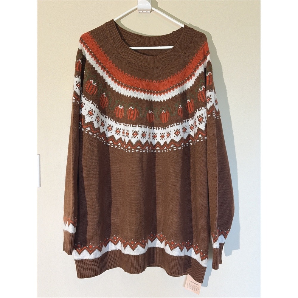 Bloomchic Brown Fall Fair Isle Pumpkin Crewneck Sweater Jumper Plus 22-24 NEW